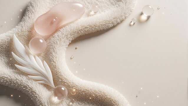 Rose quartz gua sha stone and clear droplets on soft cream fur, wide beauty and spa banner background with generous copy space on the right, ローズクォーツのかっさと透明なしずくをやわらかなファーに配した横長の美容・スパ用バナー背景 右側に広い余白
