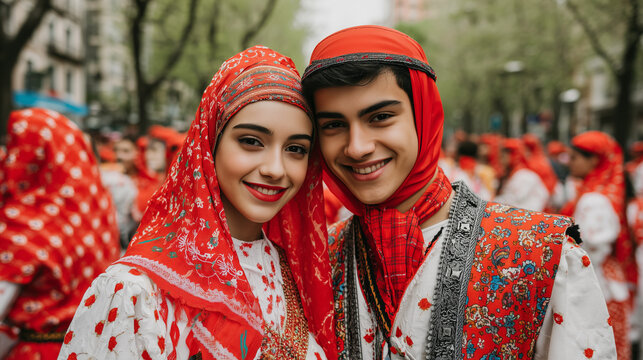 Portrait of a smiling young couple dressed in traditional folk costumes during The San Isidro Festival in Madrid Spain celebration