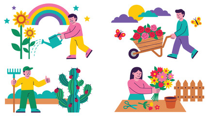 Fototapeta premium Gardening scene vector illustration set showing people planting and watering spring flowers.