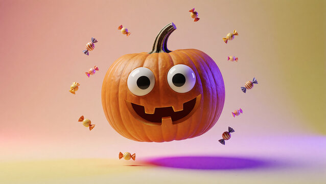 Cute 3D jack o lantern pumpkin with big cartoon eyes floating among candies on a pink and purple gradient background, happy Halloween banner, 大きな目のかわいい3Dジャックオーランタンとキャンディが浮かぶピンクと紫のグラデーション背景 ハロウィンのバナー素材