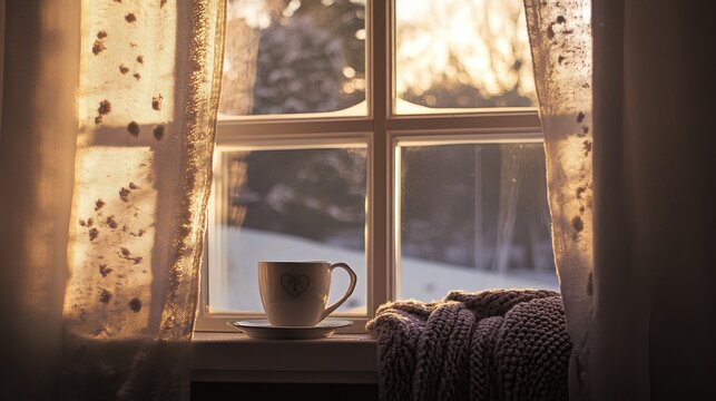 Ceramic mug filled with hot beverage sits on a window sill overlooking a snowy landscape.