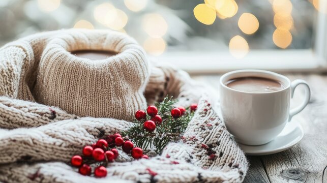 Coffee cup sits on a wooden surface beside a knitted scarf and winter berries.