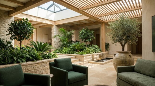 Elegant home atrium filled with ornamental plants featuring a wide cinematic layout, natural skylight illumination, stone walls, lush greenery, and contemporary interior furniture pieces.