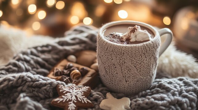 Hot chocolate in a knitted mug sits next to gingerbread cookies on a cozy blanket.