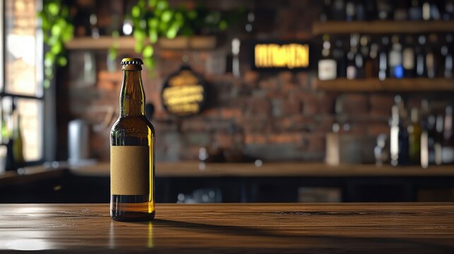 Beer bottle with a blank label stands on a rustic wooden bar counter inside a dimly lit pub.