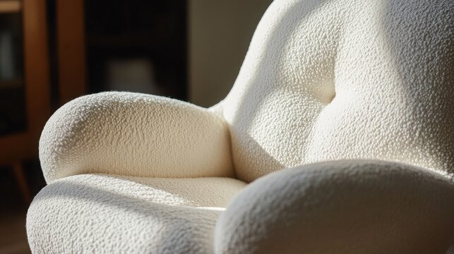 Armchair featuring a deep seat and thick boucl&eacute; fabric creates a cozy reading nook.