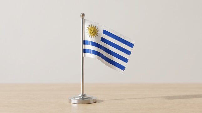 A proud Uruguayan flag with radiant suns shining on bold blue and white stripes, coastal heritage captured in vivid contrast, timeless national identity transformed into striking storytelling.