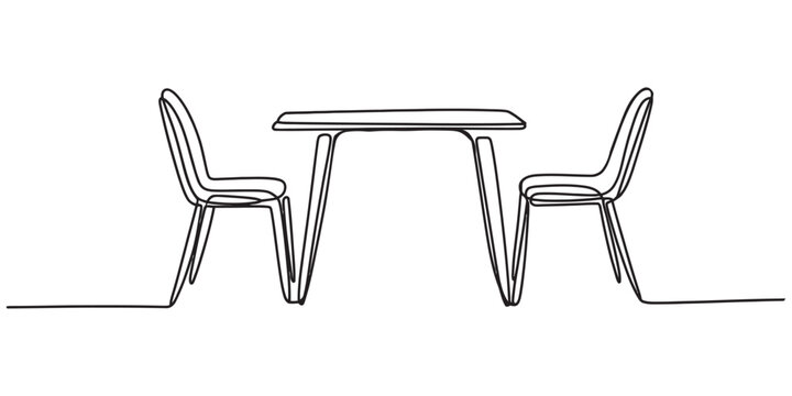 Continuous single line drawing of a dining table with two chairs side view