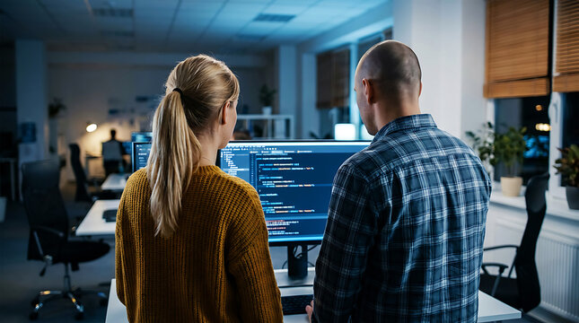 Two developers analyzing code on large monitor in office computer