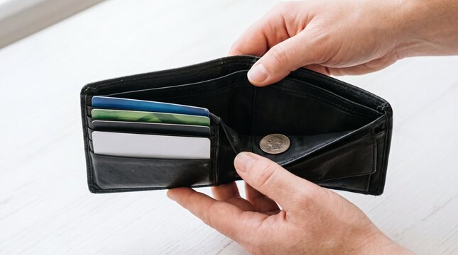 Person holding an empty wallet with a single coin and credit cards.