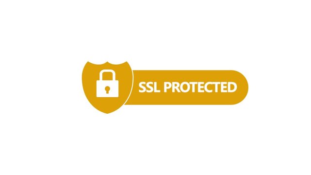 SSL Protected Badge Animation Yellow Shield Padlock Security Icon Loop Isolated on White Background Motion Graphic