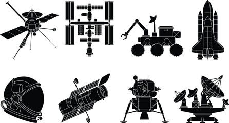 Black silhouette illustration of space exploration objects including space station, rover, shuttle, telescope, lunar lander, and astronaut helmet © Rubina