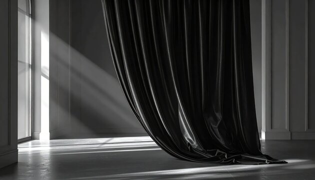 Luxurious Black Curtain Cascading in Dramatic Light Rays from Window, Elegant Interior Scene