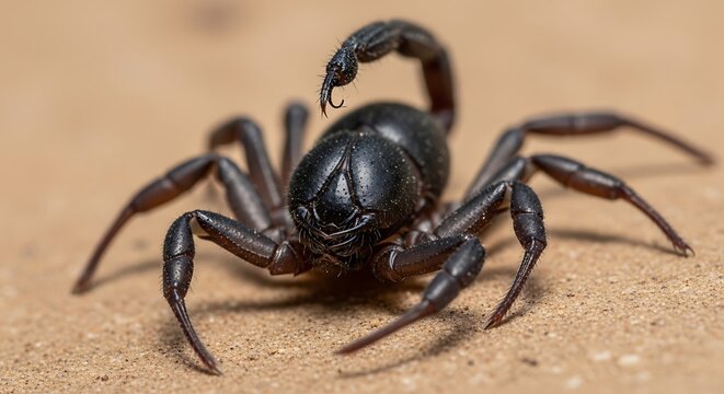 Closeup of black scorpion outdoors.