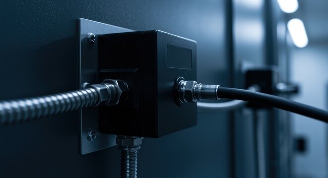 Electrical conduit box with cables attached in modern industrial setting