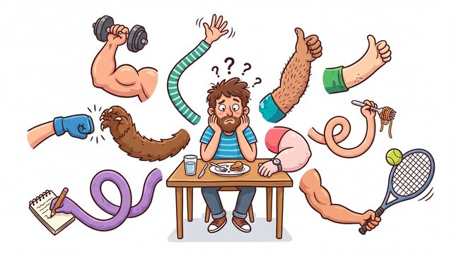 Confused man sitting at table surrounded by many strange and diverse human arms on white background