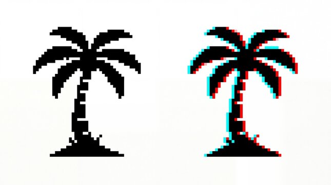 Two stylized pixel art palm tree icons featuring black and chromatic aberration effects on white background
