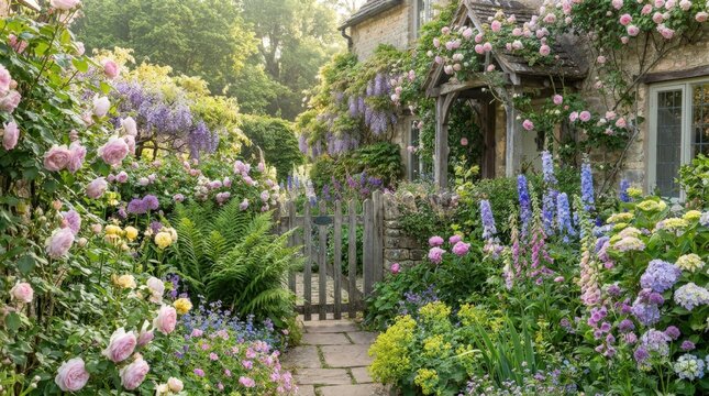 A beautiful colorful cottage style yard featuring dense flowers, wisteria, and a stone path in a cinematic widescreen composition, perfect for tranquil garden inspiration and landscape design.