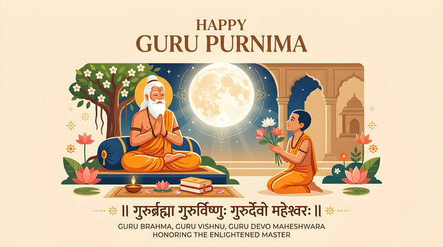 Guru Purnima Banner with Hindi Calligraphy and Disciple Praying to Spiritual Teacher Under Tree Illustration