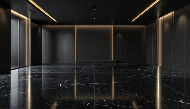 Luxurious modern black interior with polished marble floor and ambient LED lighting