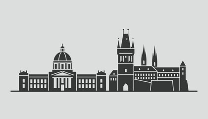 Fototapeta premium Architectural skyline silhouette of historical Prague city landmarks including Charles Bridge tower and dome.