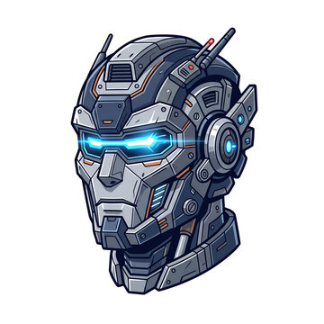 Detailed illustration of a futuristic cyborg robot head with glowing blue visor eyes.