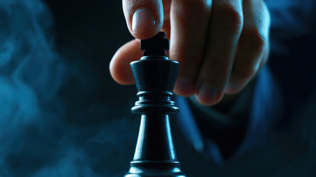 Hand chess piece black wooden king game strategy move board decision competition checkmate player fingers closeup isolated dark blue dramatic focus leadership power risk planning tension
