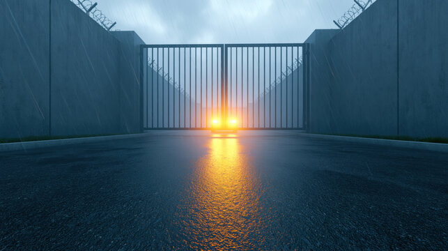 Prison gate security fence concrete wall barbed wire wet road guarded entrance closed gate blue tone low angle empty yard detention center correctional facility dramatic light rainy weather lockup