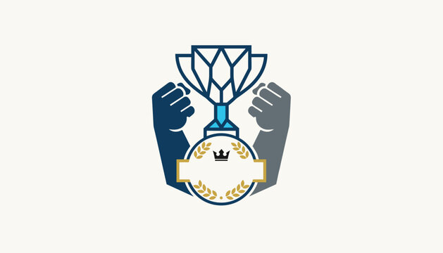 Championship victory emblem showing two fists raising a tall trophy cup with a golden laurel wreath and a crown.