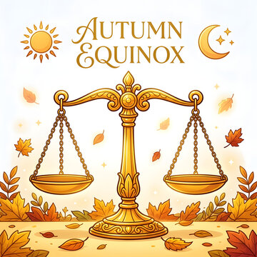 Autumn equinox golden scales illustration. Mabon festival symbol with fall leaves and sun.