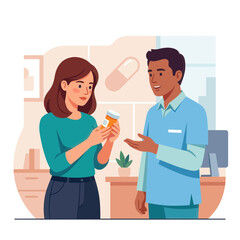 Obraz premium Pharmacist Advising Patient on Medication, Healthcare Consultation, Modern Flat Illustration