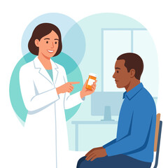Fototapeta premium Pharmacist or Doctor Consults Patient, Showing Prescription Medication Bottle in Healthcare Setting