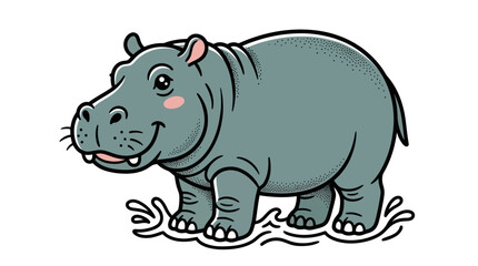 Fototapeta premium Cute Cartoon Hippopotamus Walking in Water