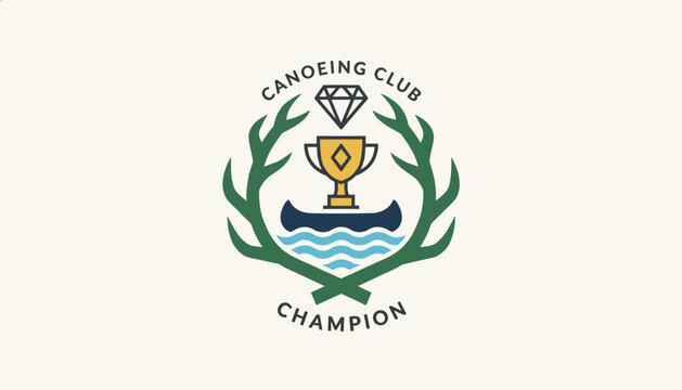 Elegant canoeing club champion badge decorated with a blue canoe golden trophy diamond and green deer antlers.