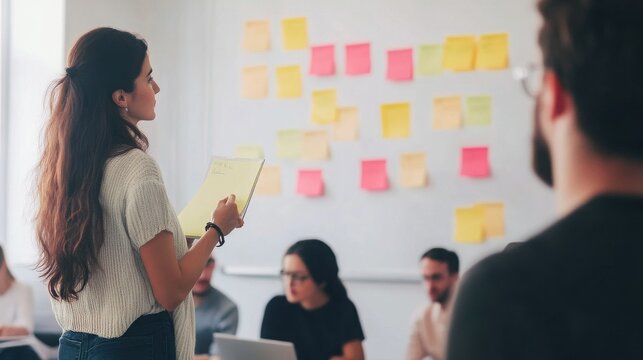 Businesswoman presents project ideas to her colleagues using a whiteboard covered in colorful sticky notes in a bright office.