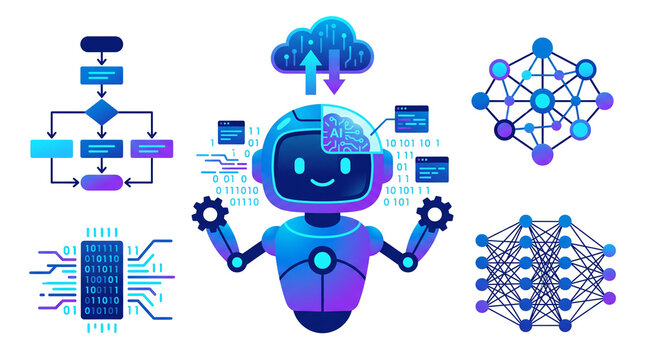 Artificial intelligence robot with neural network diagrams, machine learning algorithm flowchart, futuristic blue digital technology icons isolated PNG with Transparent Background