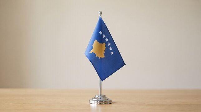 A proud Kosovo flag with golden map and six stars on deep blue field, radiant sovereignty captured in vivid contrast, timeless national identity transformed into striking storytelling.