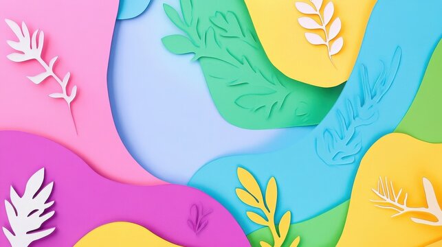Paper craft illustration features layered colorful shapes with delicate botanical cutouts in a bright and playful arrangement.