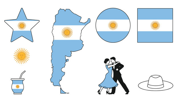 Argentina travel and culture graphic collection containing country flags map tango dancers mate tea and gaucho hat.