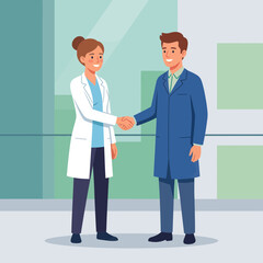 Fototapeta premium Two Doctors Shaking Hands in a Modern Medical Facility