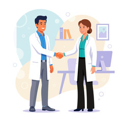 Obraz premium Two doctors shaking hands in an office, modern flat vector illustration