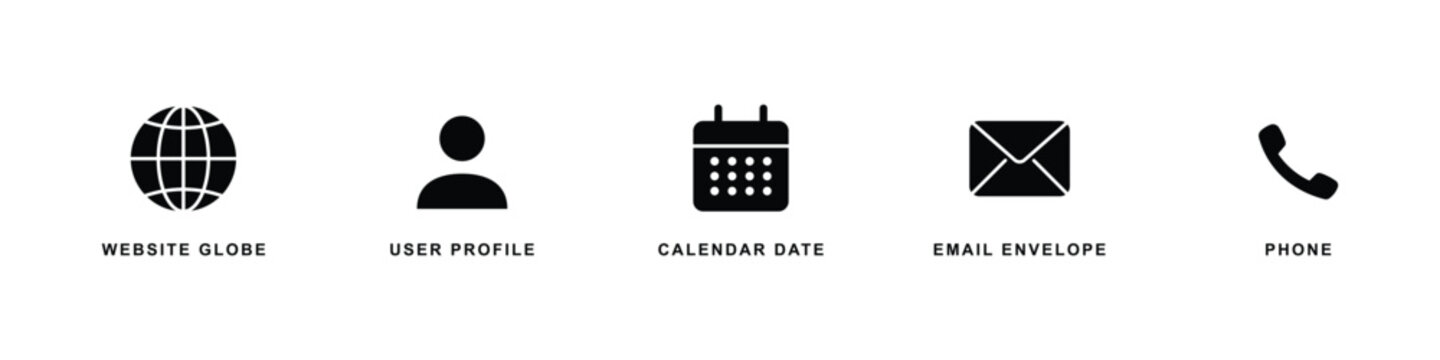 Solid black contact icons set featuring modern filled symbols for website globe user account calendar date email envelope and phone call for web app interface template