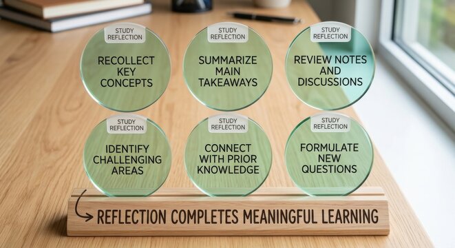 Structured Study Reflection Display with Acrylic Circles on Wooden Stand