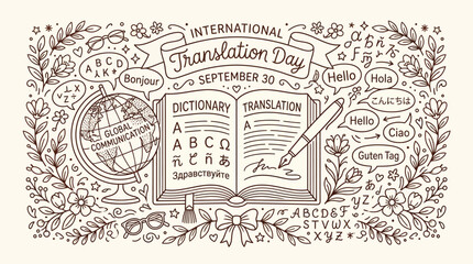 International Translation Day celebrated on September 30th with a doodle illustration of a dictionary, globe, and greetings in various languages. © Bara