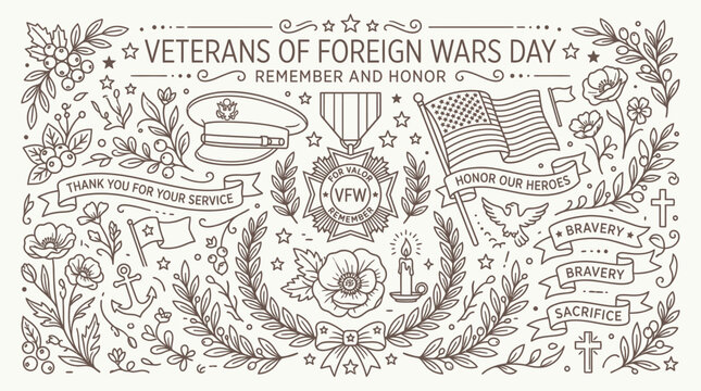 Veterans of Foreign Wars Day illustration with patriotic symbols and floral elements.