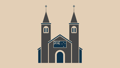 Fototapeta premium Dark blue stylized church building featuring the national flag of Australia or New Zealand on a beige background.