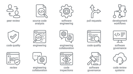 Fototapeta premium Software engineering, coding, and development workflow line icons.