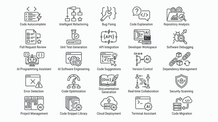 Software engineering and API management line icons set.