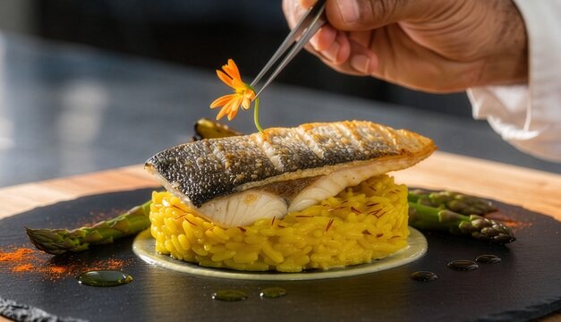 Close-up of a chef's hand placing a calendula while meticulously selecting a blue borage flower for gourmet sea bass plating.