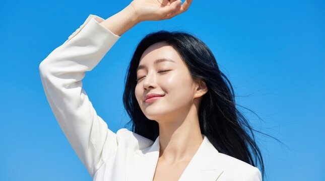 Portrait of a beautiful young woman with long black hair against a blue sky